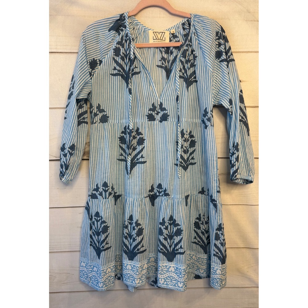SZ Blockprints Blue White Striped Floral Tiered Mini Dress Size M Boho Cotton